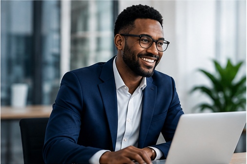 Business owner working on a laptop in a modern office