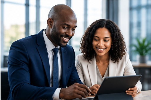 Business owners reviewing plans on a tablet