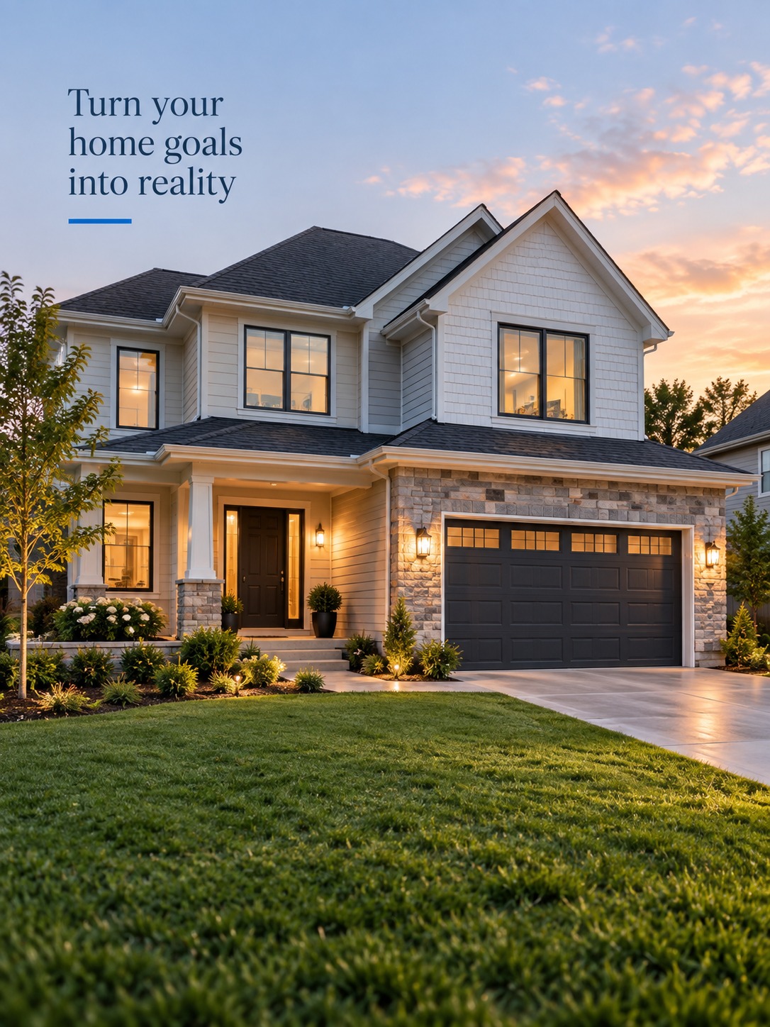 Modern suburban home at sunset