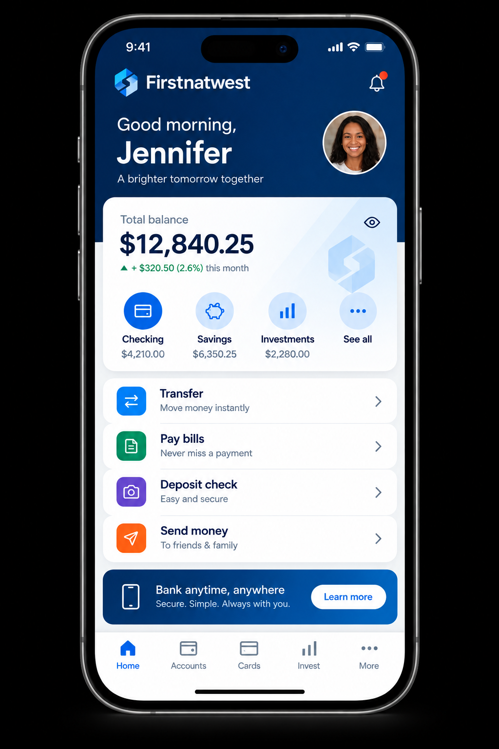 firstnatwest mobile banking dashboard showing accounts and money management tools
