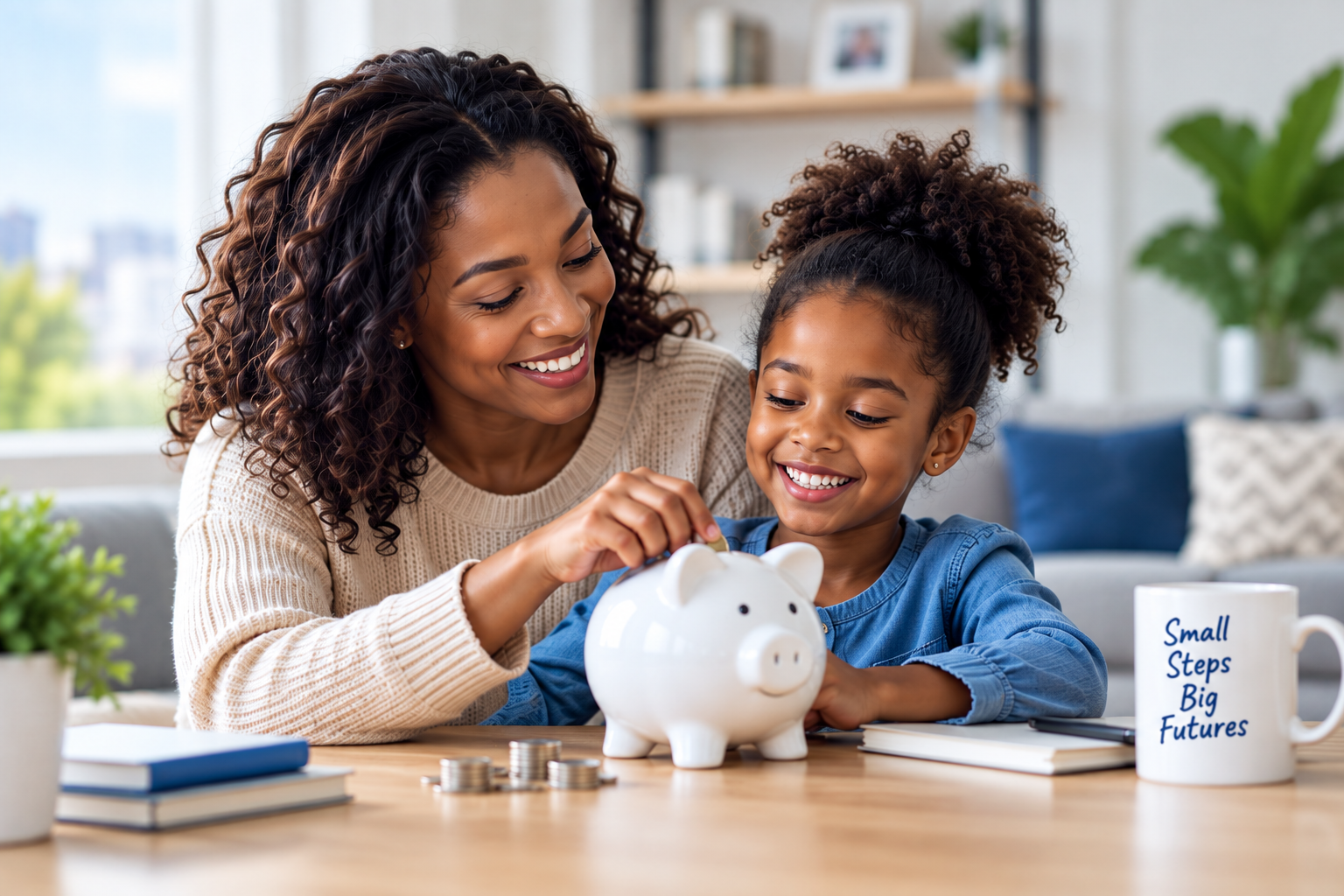 Mother and daughter saving money together at home