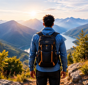 Traveler with backpack overlooking mountains