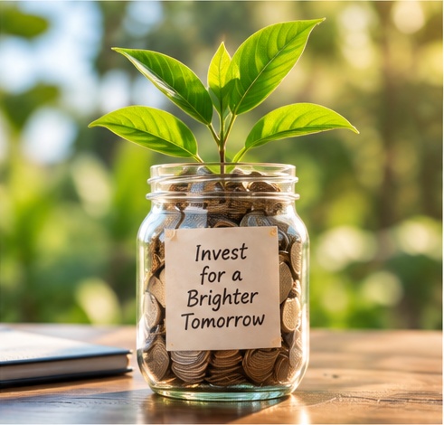 Growing plant emerging from a jar of coins