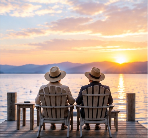 Couple relaxing beside a lake at sunset